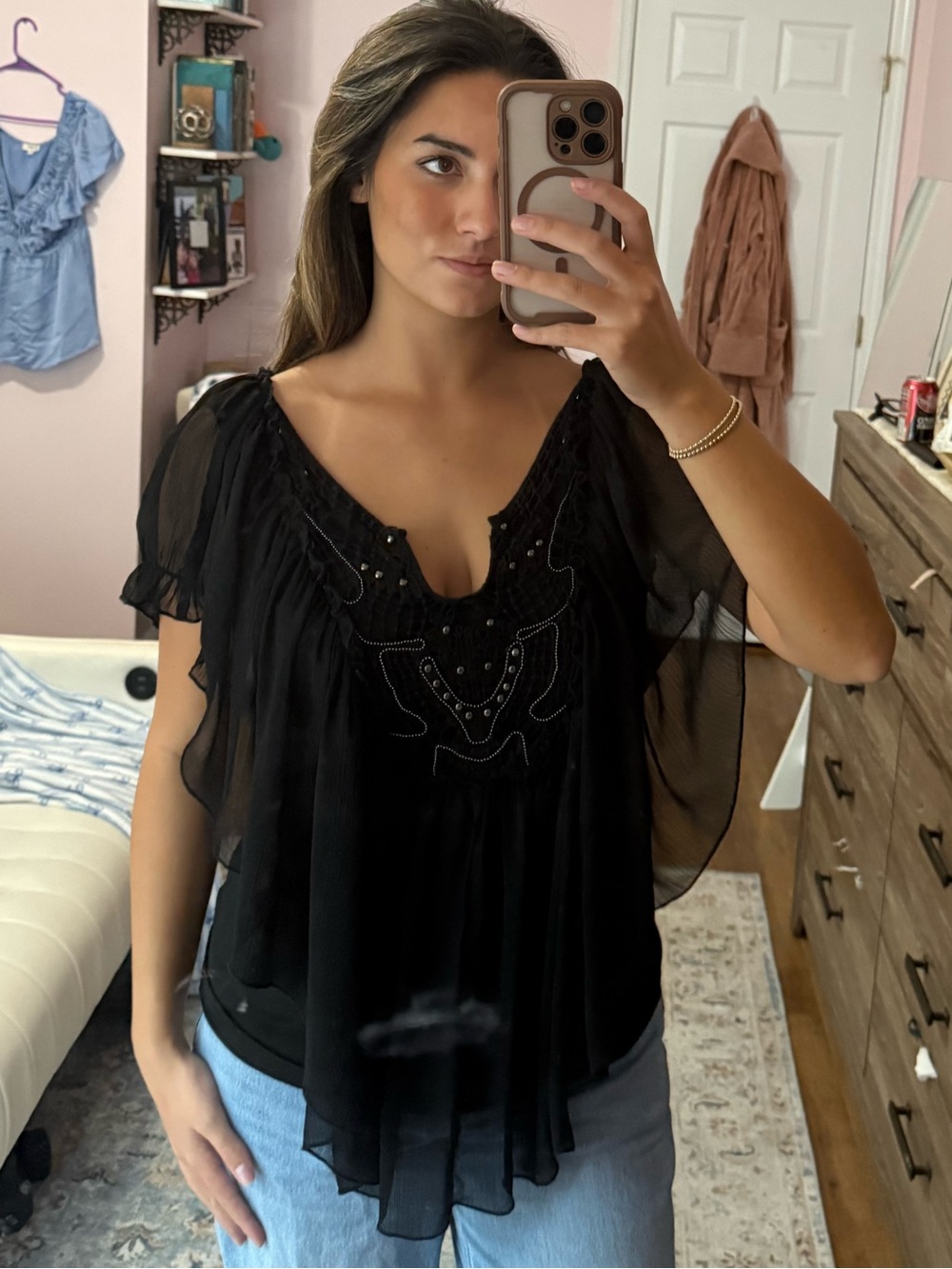 Covington Black Beaded Flutter-Sleeve Tunic